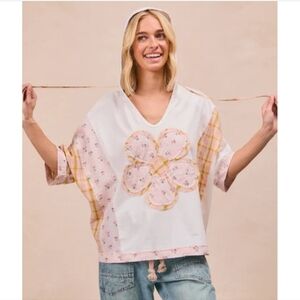 BiBi Mix n Match Hooded Top with Large Flower Patch Front in Ivory SZ 1x